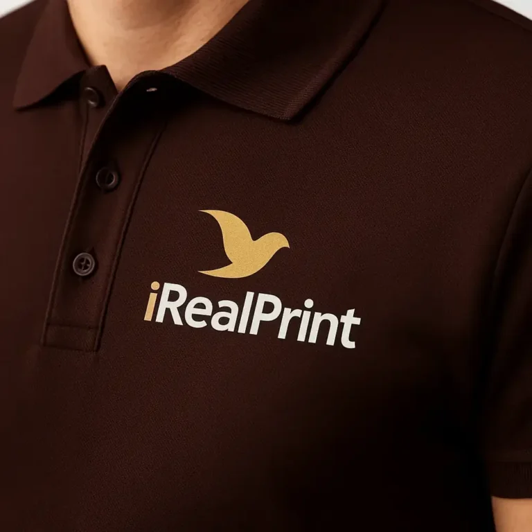 Detaliu personalizare tricou polo cafea cu logo iRealPrint aplicat prin transfer termic profesional, evidențiind claritatea printului și rezistența materialului