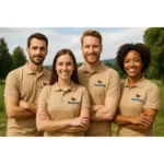 Echipă purtând tricouri polo crem personalizate cu logo iRealPrint, uniforme moderne pentru evenimente corporate și promovarea brandului