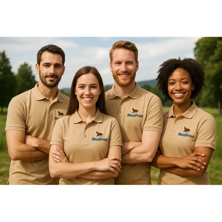 Echipă purtând tricouri polo crem personalizate cu logo iRealPrint, uniforme moderne pentru evenimente corporate și promovarea brandului