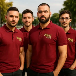 Echipă de bărbați purtând tricouri polo personalizate garnet cu logo iRealPrint, uniforme elegante pentru branding corporate și evenimente business