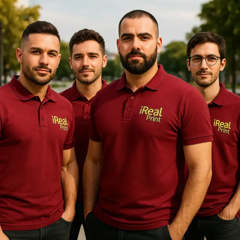 Echipă de bărbați purtând tricouri polo personalizate garnet cu logo iRealPrint, uniforme elegante pentru branding corporate și evenimente business