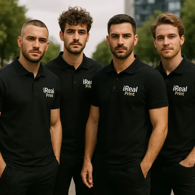 Echipă de bărbați purtând tricouri polo personalizate gri antracit cu logo iRealPrint, uniforme moderne pentru branding corporate și evenimente business