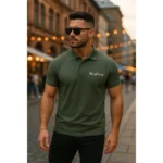 Bărbat purtând tricou polo personalizat gri ardezie cu logo iRealPrint într-un decor urban modern, imagine lifestyle pentru branding vizual premium