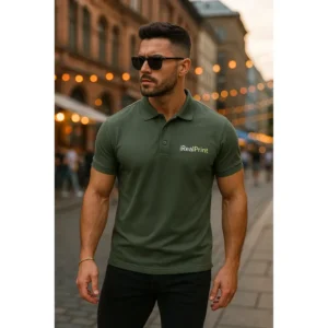 Bărbat purtând tricou polo personalizat gri ardezie cu logo iRealPrint într-un decor urban modern, imagine lifestyle pentru branding vizual premium