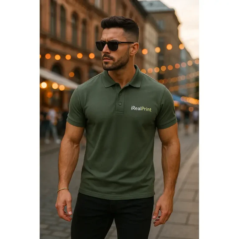 Bărbat purtând tricou polo personalizat gri ardezie cu logo iRealPrint într-un decor urban modern, imagine lifestyle pentru branding vizual premium