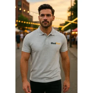 Bărbat purtând tricou polo personalizat gri deschis cu logo iRealPrint într-un decor urban modern, imagine lifestyle pentru branding vizual premium