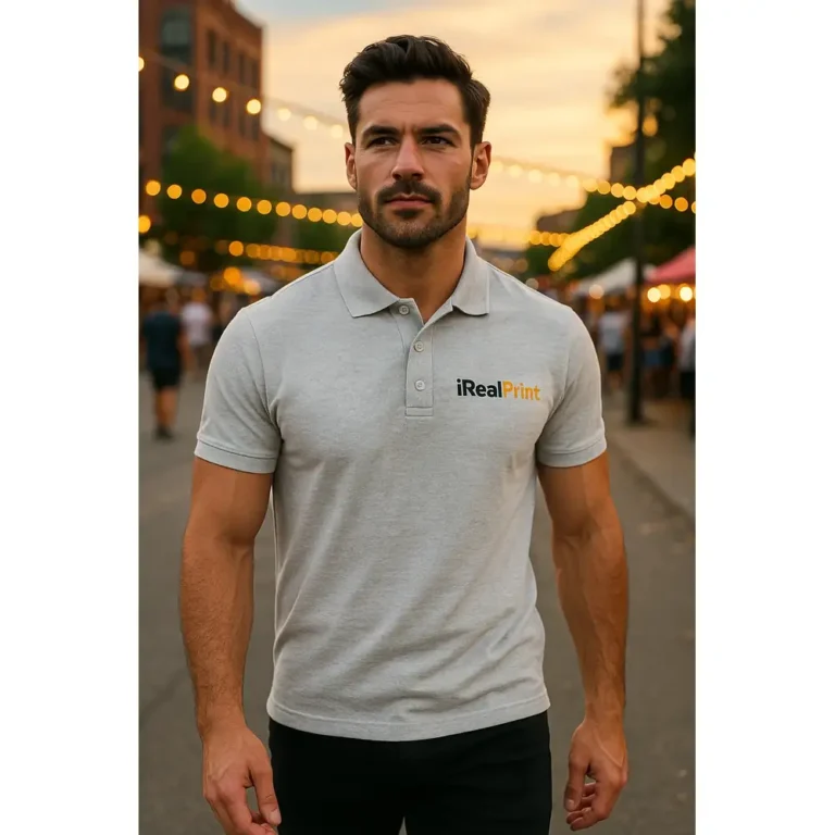 Bărbat purtând tricou polo personalizat gri deschis cu logo iRealPrint într-un decor urban modern, imagine lifestyle pentru branding vizual premium