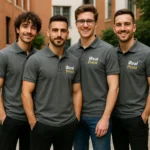 Echipă de bărbați purtând tricouri polo personalizate gri închis cu logo iRealPrint, uniforme moderne pentru branding corporate și imagine profesională