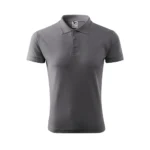 Tricou polo bărbați personalizat gri metalic prezentare frontală cu guler polo și nasturi, design elegant pentru branding profesional