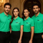Echipă purtând tricouri polo personalizate verde mentă într-un cadru elegant, exemplu de utilizare pentru uniforme corporate și branding de companie