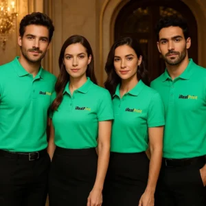 Echipă purtând tricouri polo personalizate verde mentă într-un cadru elegant, exemplu de utilizare pentru uniforme corporate și branding de companie
