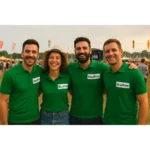 Grup de persoane purtând tricouri polo personalizate verde mediu la eveniment în aer liber, exemplu de utilizare pentru branding și promovare