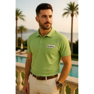 Bărbat purtând tricou polo personalizat verde iarbă cu logo iRealPrint într-un context de eveniment outdoor, imagine lifestyle cu vizibilitate puternică a brandului