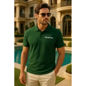Bărbat purtând tricou polo personalizat verde dark într-un cadru elegant lângă piscină, ținută business casual pentru imagine profesională de brand