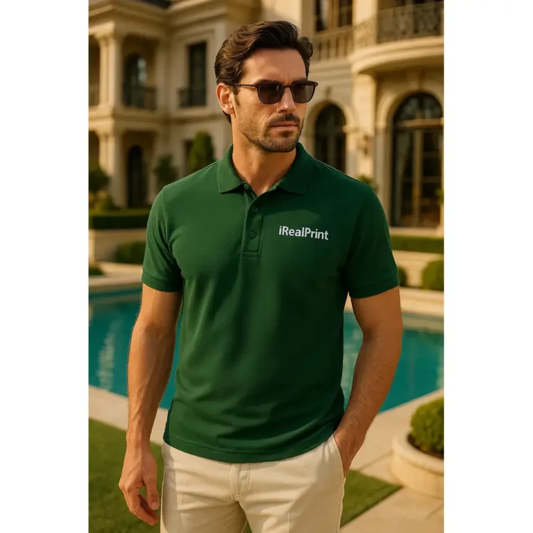 Bărbat purtând tricou polo personalizat verde dark într-un cadru elegant lângă piscină, ținută business casual pentru imagine profesională de brand