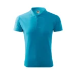 Tricou polo bărbați personalizat turcoaz prezentat frontal pe fundal neutru, guler cu nasturi și design business casual potrivit pentru uniforme corporate