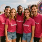 Grup de persoane purtând tricouri polo personalizate purpurii la un eveniment outdoor, imagine lifestyle pentru promovare brand și spirit de echipă