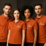 Echipă purtând tricouri polo bărbați personalizate portocalii cu logo iRealPrint, imagine profesională pentru identitate vizuală unitară a companiei