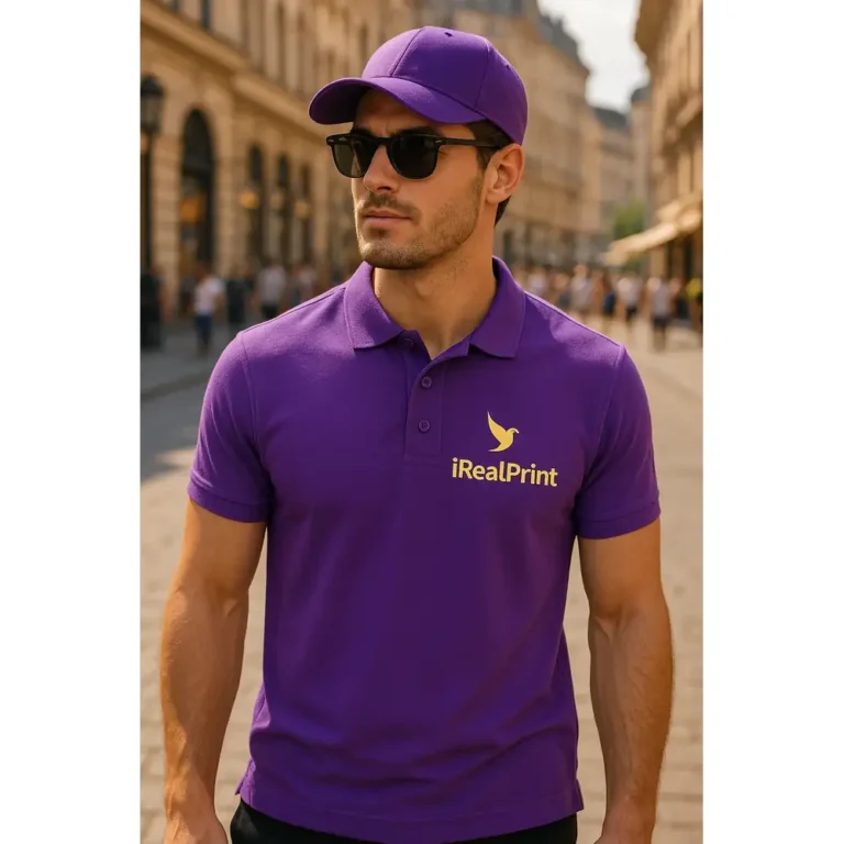 Bărbat purtând tricou polo personalizat mov într-un cadru urban elegant, stil business casual modern pentru branding premium