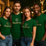 Grup de persoane purtând tricouri unisex personalizate verde sticlă cu logo iRealPrint, imagine de echipă pentru promovare brand