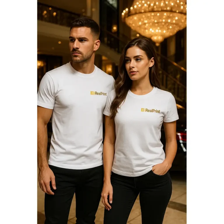 Bărbat și femeie purtând tricouri unisex personalizate albe cu logo iRealPrint într-un cadru elegant, imagine lifestyle pentru branding premium