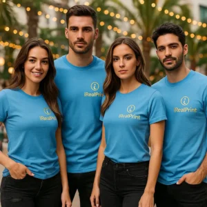 Grup de persoane purtând tricouri unisex personalizate albastru azur cu logo iRealPrint, imagine de echipă pentru branding și evenimente