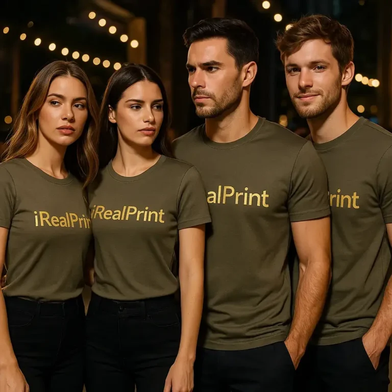 Grup de persoane purtând tricouri unisex personalizate culoare army cu logo iRealPrint, imagine de echipă pentru branding și evenimente
