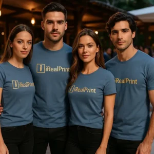 Echipă purtând tricouri personalizate unisex culoare denim într-un cadru elegant, imagine profesională pentru identitate vizuală de brand