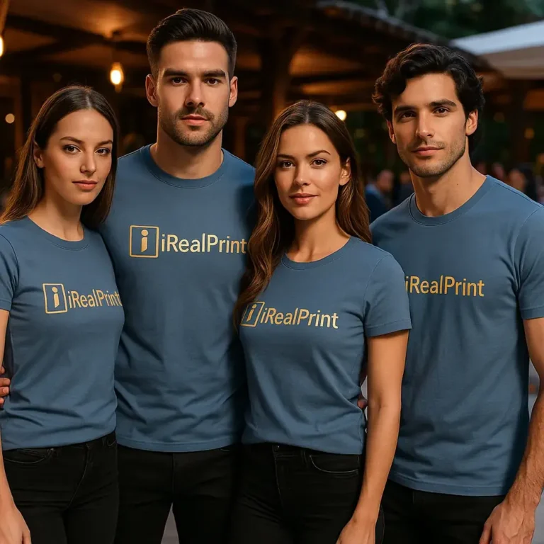 Echipă purtând tricouri personalizate unisex culoare denim într-un cadru elegant, imagine profesională pentru identitate vizuală de brand
