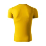 Spate tricou unisex personalizat galben prezentat pe fundal neutru, croială universală potrivită pentru personalizare cu logo
