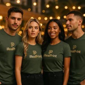 Grup de persoane purtând tricouri unisex personalizate gri ardezie cu logo iRealPrint, imagine de echipă pentru branding și evenimente