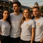 Grup de persoane purtând tricouri unisex personalizate gri deschis cu logo iRealPrint, imagine de echipă pentru branding și evenimente
