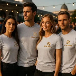 Grup de persoane purtând tricouri unisex personalizate gri deschis cu logo iRealPrint, imagine de echipă pentru branding și evenimente