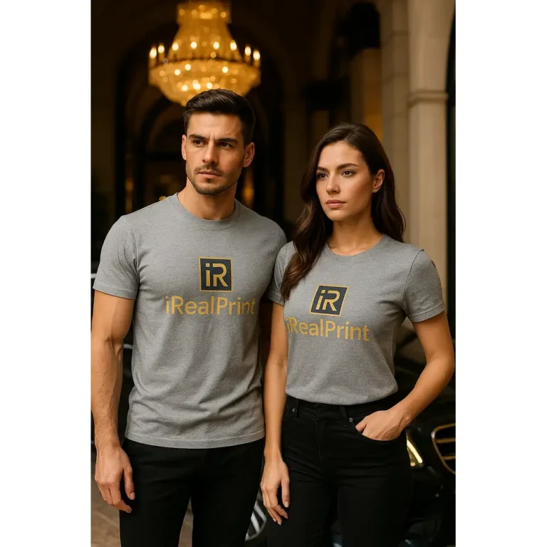 Model bărbat și femeie purtând tricouri unisex personalizate gri închis într-un cadru elegant, imagine lifestyle pentru prezentare produs