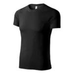 Tricou unisex negru prezentat din perspectivă laterală pe fundal neutru, model modern din bumbac ideal pentru personalizare cu logo sau design