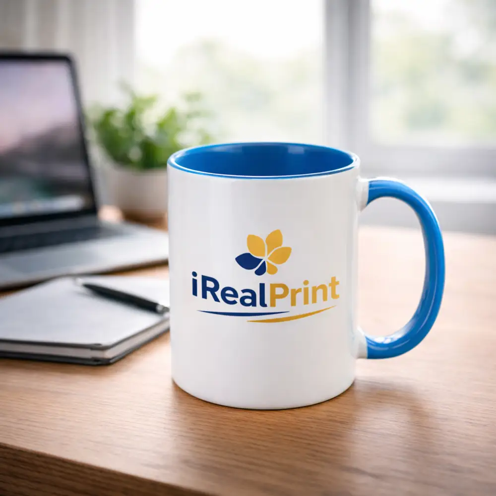 cana-personalizata-interior-albastru-ocean-logo-irealprint-birou Cană personalizată cu interior albastru ocean și logo iRealPrint pe birou într-un cadru luminos, evidențiind impactul vizual al personalizării