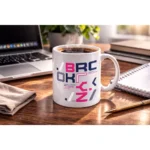 Cană albă personalizată 350ml cu design grafic color pe birou lângă laptop și agendă, evidențiind impactul vizual al personalizării