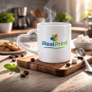 Cană personalizată 350ml cu mâner inimă și logo iRealPrint pe o masă de bucătărie lângă boabe de cafea și biscuiți, sugerând momentul relaxant al cafelei de dimineață