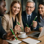 Pix metalic aluminiu personalizat Hello verde utilizat într-o întâlnire de business, pix promoțional metalic cu logo pentru conferințe, evenimente și branding profesional