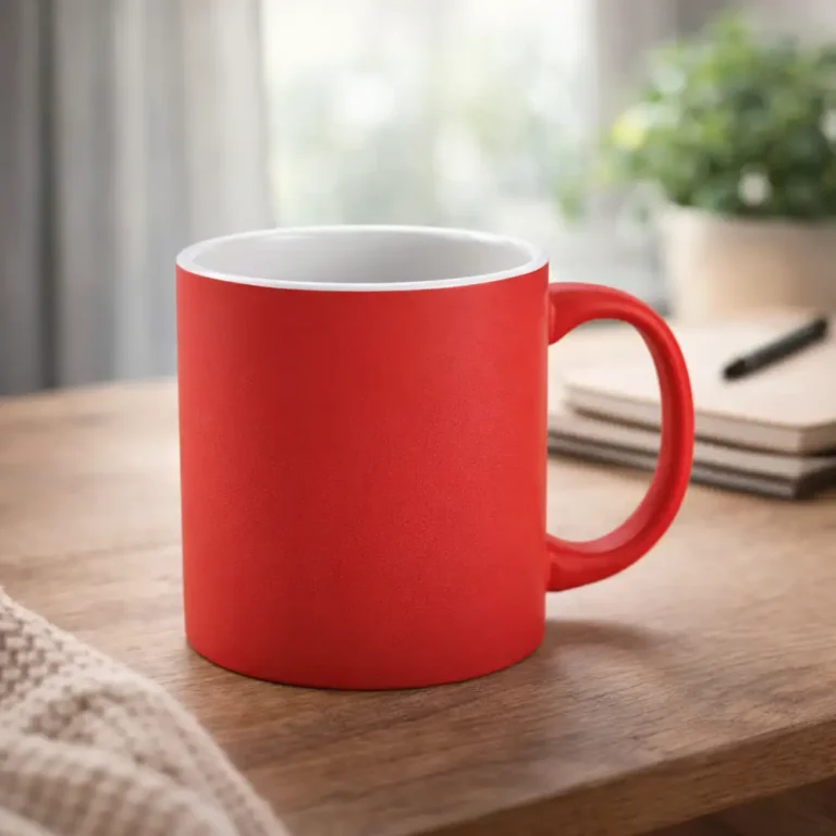 Cana termosensibila personalizata rosu mat asezata pe masa de lucru langa carnet si decor interior, ilustrand utilizarea zilnica intr-un cadru relaxat