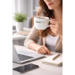Set ceașcă cafea personalizată cu linguriță și farfurie și logo iRealPrint utilizat într-un cadru office modern, sugerând momentul de pauză pentru cafea la birou