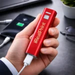 Baterie externă personalizată roșie cu logo, poziționare orizontală pentru evidențierea formei compacte și a personalizării elegante pentru branding promoțional