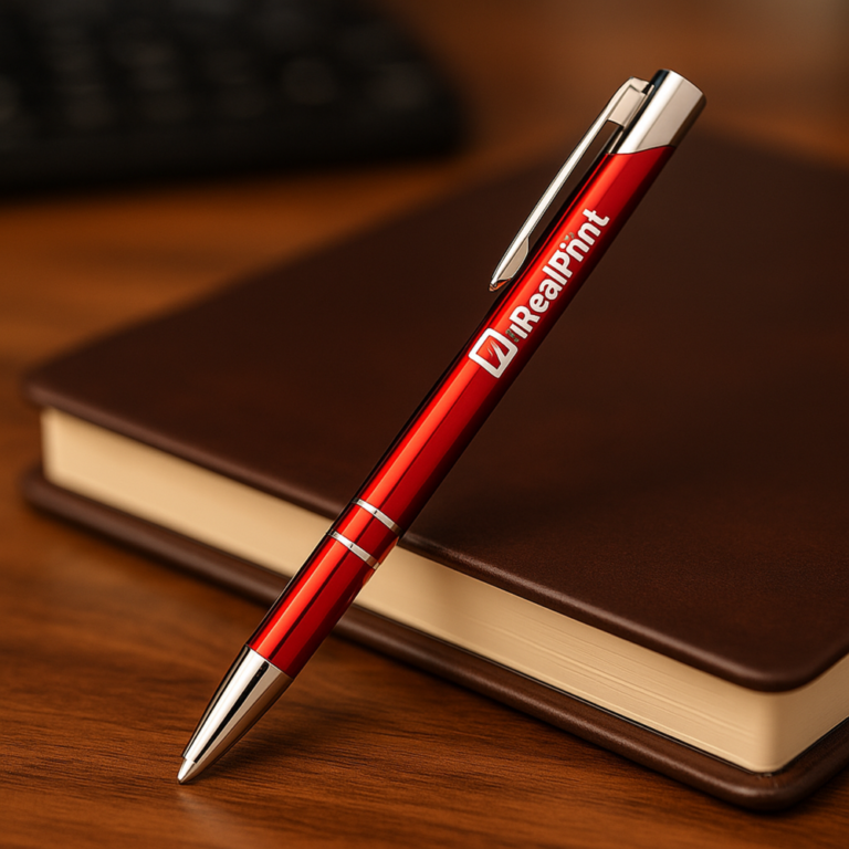 Pix metalic aluminiu personalizat Hello roșu așezat pe notebook pe birou, pix promoțional metalic elegant pentru branding modern și utilizare profesională