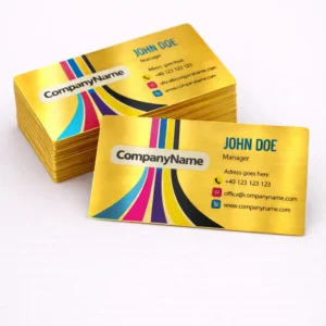 Cărți de vizită metalice gold personalizate din aluminiu cu finisaj metalic auriu și aspect exclusivist, concepute pentru branding premium și networking profesional