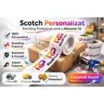 Scotch personalizat fond alb prezentare beneficii branding, rezistenta ridicata si adeziv puternic pentru ambalare sigura