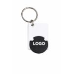 Close-up breloc dreptunghiular cu FISĂ de cumpărături negru, detaliu produs cu suprafață optimă pentru tampografie sau print color și branding profesional