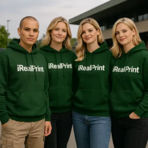Grup purtând hanorace verde forest personalizate, look uniform de echipă cu imagine profesională și coerență vizuală