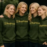 Grup de femei purtand hanorace verde militar personalizate, look natural si echilibrat cu stil modern si atmosfera prietenoasa