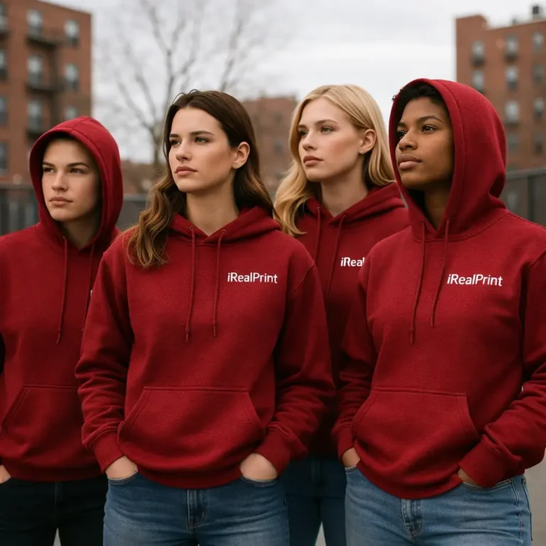 Grup de femei purtand hanorace rosii cherry personalizate, imagine de echipa cu impact vizual puternic si stil coerent