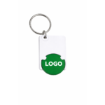 Breloc cu fisă de cumpărături verde, vedere frontală cu logo personalizat, accesoriu promoțional din plastic cu inel metalic pentru chei